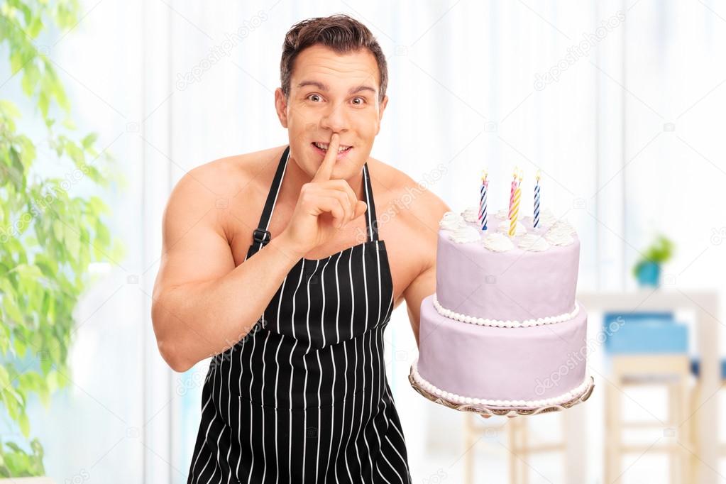 Naked man happy birthday cake
